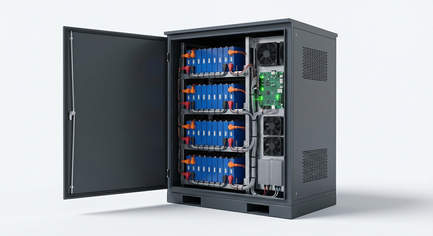 Gabinete de almacenamiento BESS abierto mostrando módulos LiFePO4, BMS con LEDs verdes, ventiladores de enfriamiento y cableado organizado
