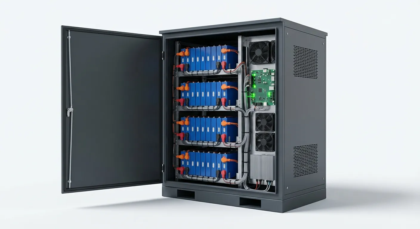 Gabinete de almacenamiento BESS abierto mostrando módulos LiFePO4, BMS con LEDs verdes, ventiladores de enfriamiento y cableado organizado