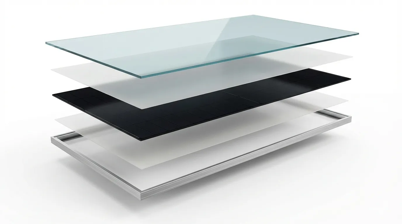 Vista explosionada de un panel solar mostrando las capas: vidrio templado, POE encapsulante, celdas HPBC 2.0, POE encapsulante, backsheet y marco de aluminio